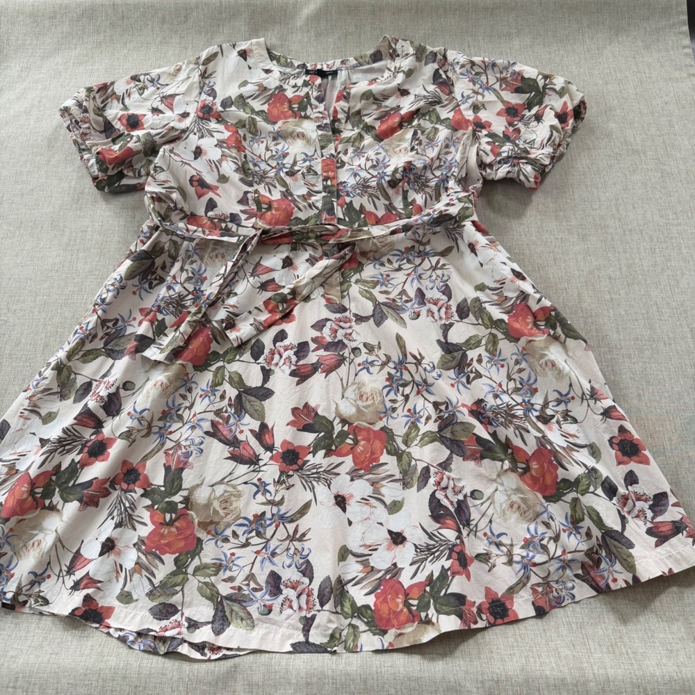INC Floral Cottage Cotton Dress Women's 3X Puff Sleeve Belted Fit & Flare Plus